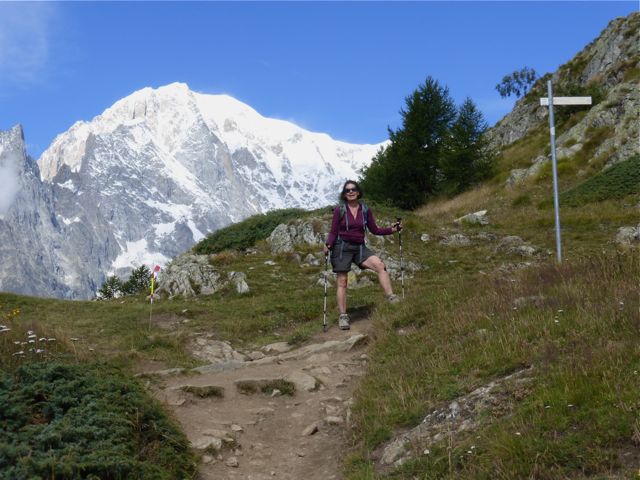 Mont Blanc over the shoulder above Courmayeur